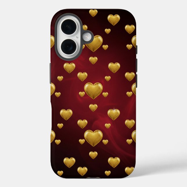 3D Gold Hearts Crimson Luxury iPhone 16 Case (Back)