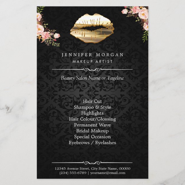 3D Gold Lips Floral Makeup Artist Beauty Salon Flyer (Front)