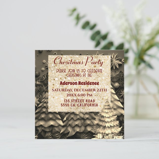 3d Golden Christmas Tree| Golden Christmas Party Invitation (Standing Front)