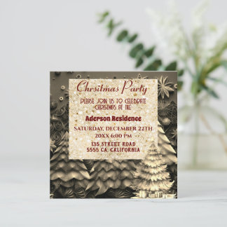 3d Golden Christmas Tree| Golden Christmas Party Invitation