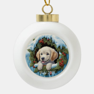 3D Golder Retriever Puppy Christ Wreath Ceramic Ball Christmas Ornament
