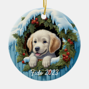 3D Golder Retriever Puppy Christ Wreath Ceramic Ornament