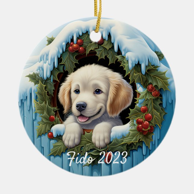 3D Golder Retriever Puppy Christ Wreath Ceramic Ornament (Front)