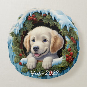 3D Golder Retriever Puppy Christ Wreath Round Cushion