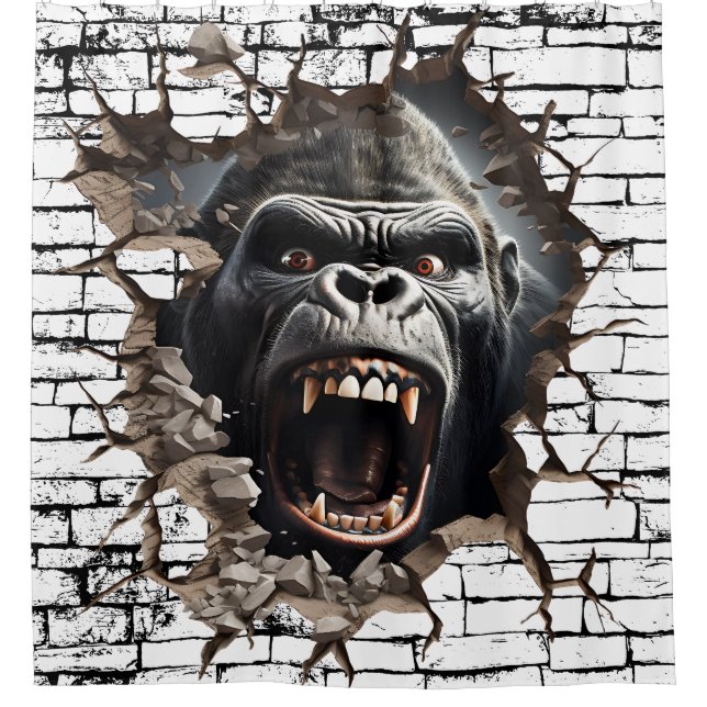 3D Gorilla Wall Break Art – Realistic Safari Shower Curtain (Front)