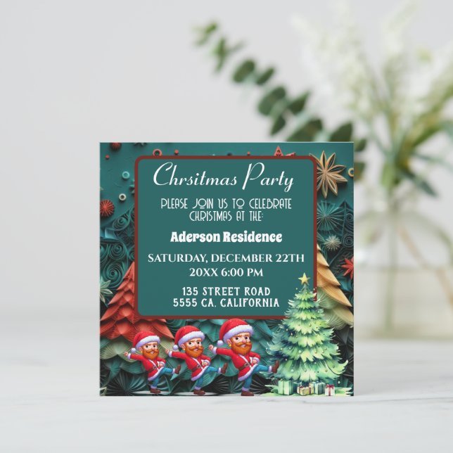  3d Green Christmas Trees | Funny Vangogh Dance Invitation (Standing Front)