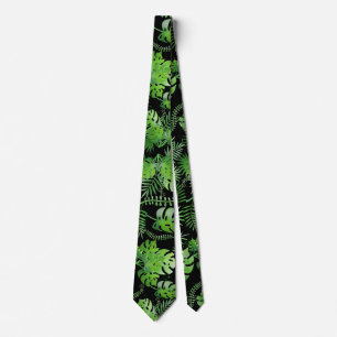 3D Green Leaves Pattern 01A Black BG Tie