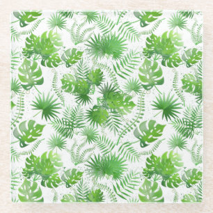 3D Green Leaves Pattern 01A Blue BG Glass Coaster