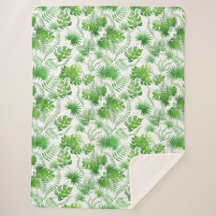 3D Green Leaves Pattern 01A White BG Sherpa Blanket