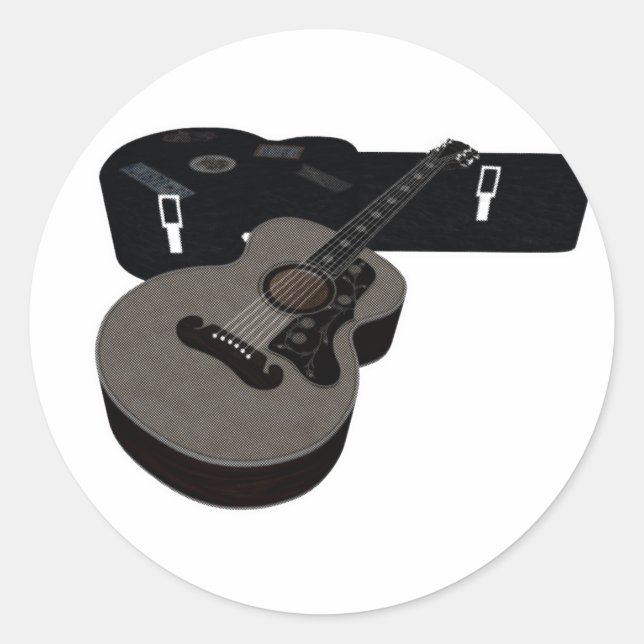 3D Halftone Acoustic Guitar & Case Classic Round Sticker (Front)