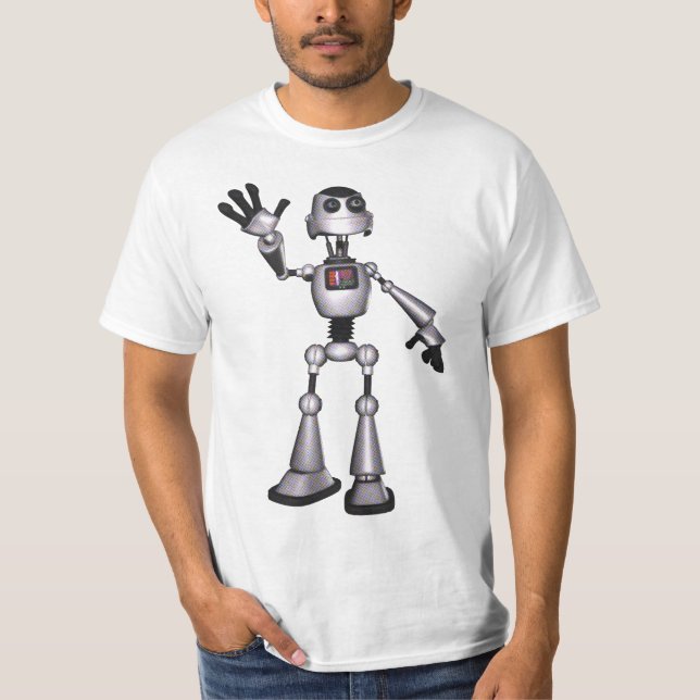 3D Halftone Sci-Fi Robot Guy Waving T-Shirt (Front)