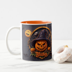 3D Halloween Scene with Pumpkin, Skull, Witch, Boo Two-Tone Coffee Mug