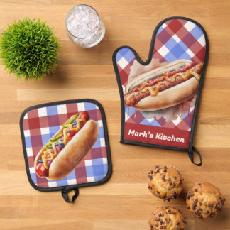 3D Hotdog Cook out Chef Kitchen Oven Mitt & Pot Holder Set