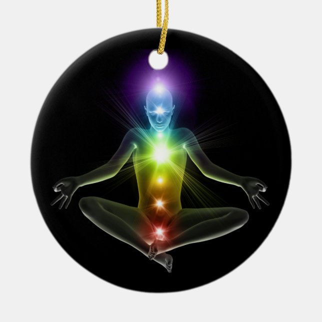 3d human in yoga pose with chakras ceramic ornament (Front)