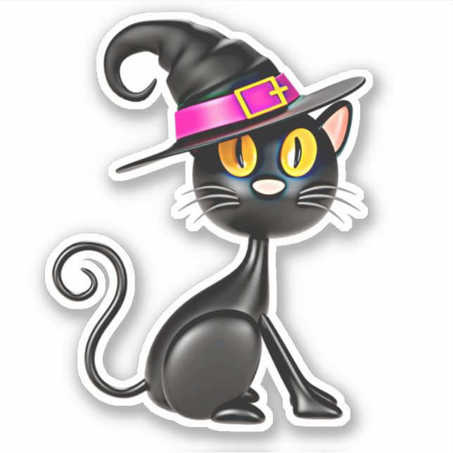 3D Illusion Black Cat with Purple Band Witch Hat  (Front)