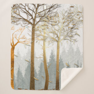 3d illustration, gray and gold contours of trees,  sherpa blanket