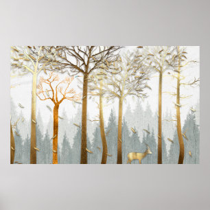 3d illustration, grey and gold contours of trees, poster
