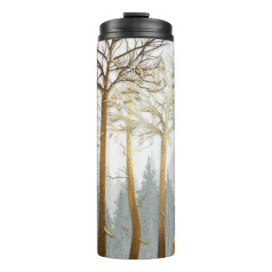3d illustration, grey and gold contours of trees, thermal tumbler