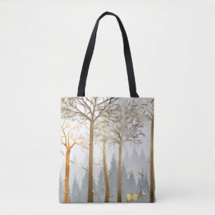 3d illustration, grey and gold contours of trees,  tote bag
