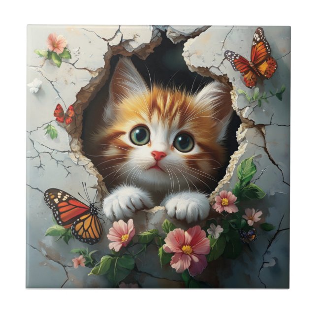 3D image of a cute little kitten peeking out  Ceramic Tile (Front)