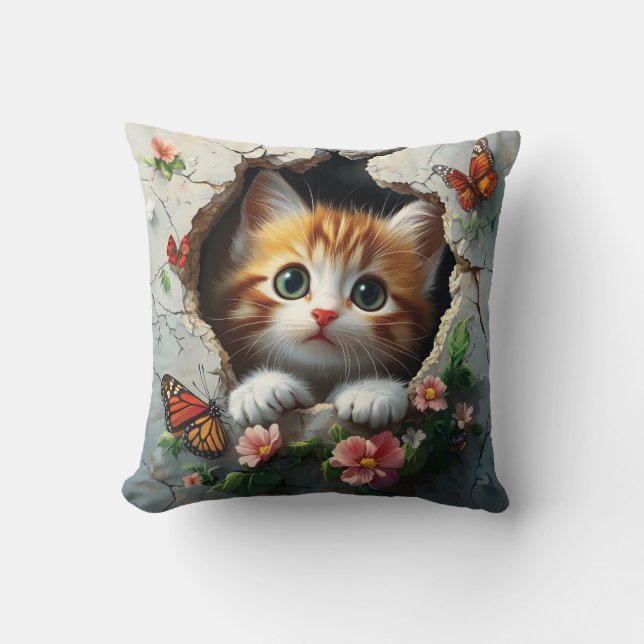 3D image of a cute little kitten peeking out  Cushion (Front)