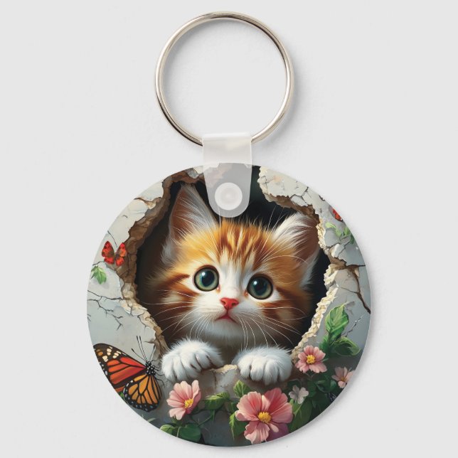 3D image of a cute little kitten peeking out  Key Ring (Front)