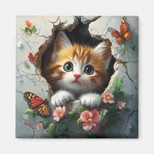 3D image of a cute little kitten peeking out Magnet