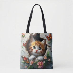 3D image of a cute little kitten peeking out Tote Bag