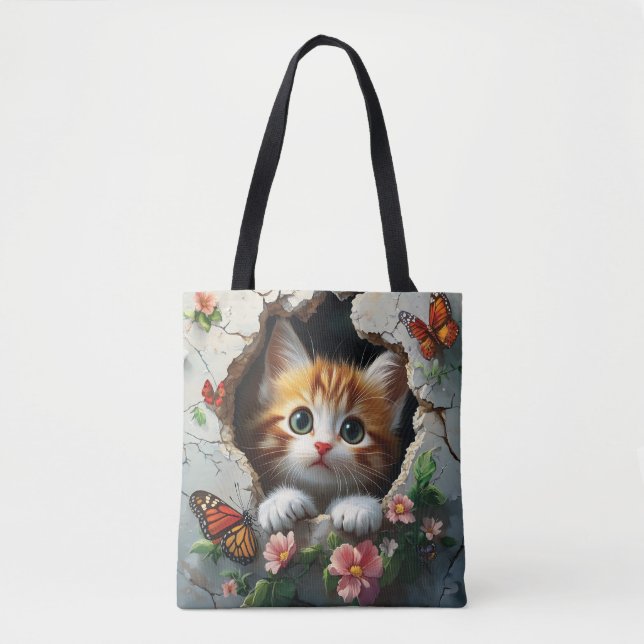 3D image of a cute little kitten peeking out  Tote Bag (Front)