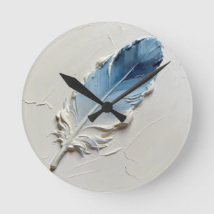 3D Impasto Texture Blue Feather Elegant Modern Round Clock