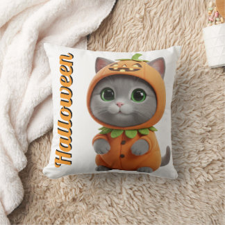 3D Kawaii Pumpkin Cat Halloween Throw Pillow