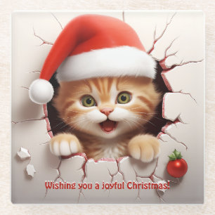 3D Kitten Christmas Glass Coaster