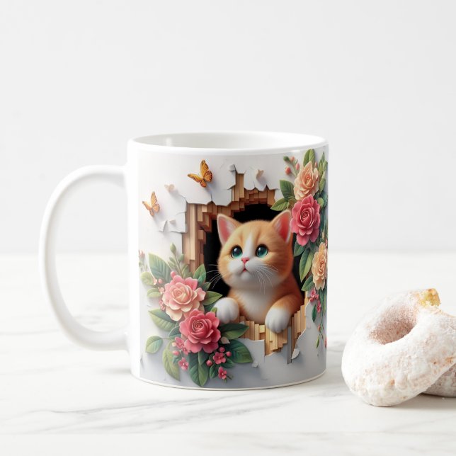 3D Kitten Hole in a Wall Floral Mug (With Donut)