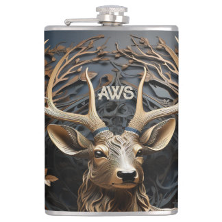 3d Large Antler Buck Deer Monogram Rustic Hip Flask