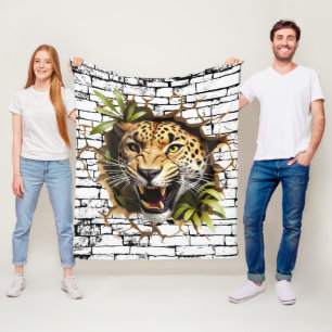 3D Leopard Wall Break Art – Realistic Safari Fleece Blanket