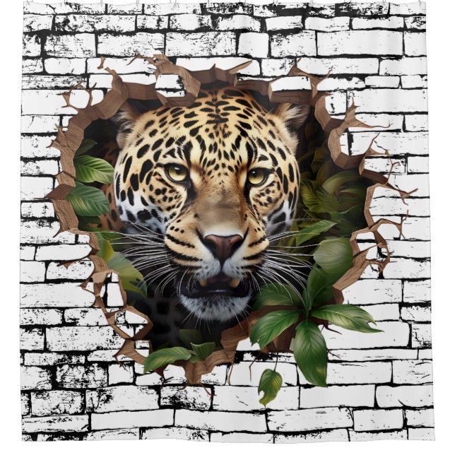 3D Leopard Wall Break Art – Realistic Safari Shower Curtain (Front)