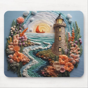 3D Lighthouse and Bay Sunset Mouse Pad