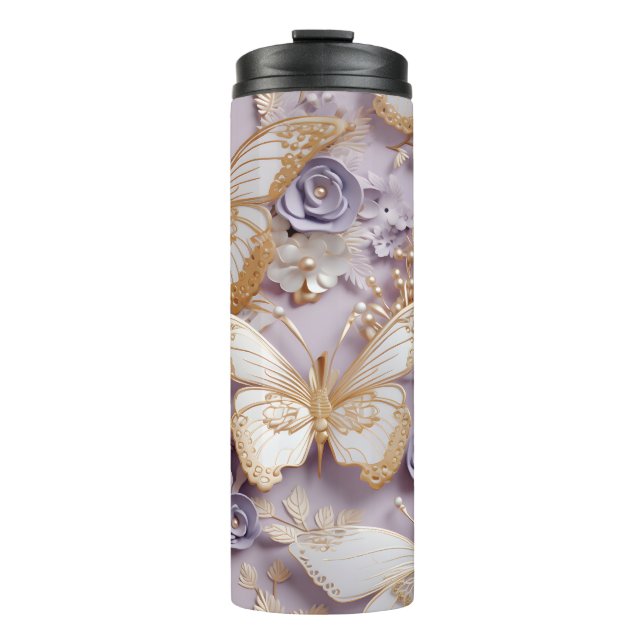 3D Lilac, Gold and Pearl Butterfly Thermal Tumbler (Front)