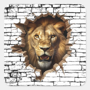 3D Lion Wall Break Art – Realistic Safari Square Sticker