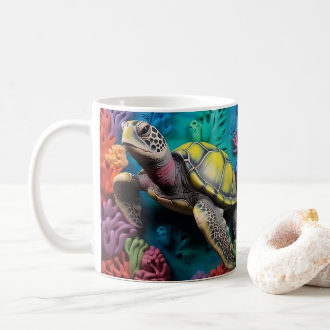 3D Look Printed Sea Turtle Beach Ocean Coffee Mug (With Donut)