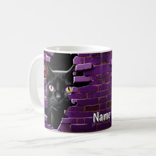 3D Look Printed Wall Breakout Black Cat Coffee Mug (Front Left)