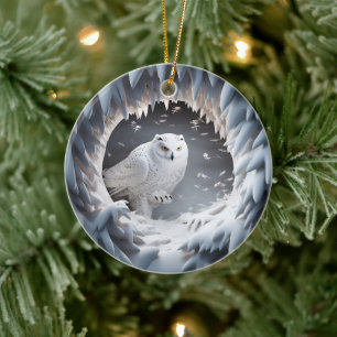 3D Look Snow Owl Bird Country Christmas Holiday Ceramic Ornament