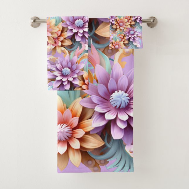 3D Looking Colourful Flowers Bath Towel Set (Insitu)
