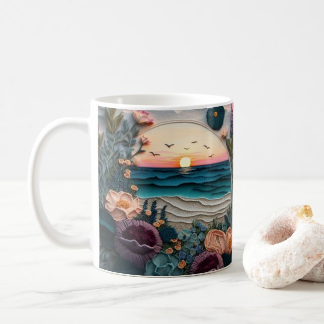 3D Looking Printed Beach Sunset Coffee Mug (With Donut)