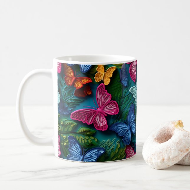 3D Looking Printed Bright Colourful Butterflies Coffee Mug (With Donut)