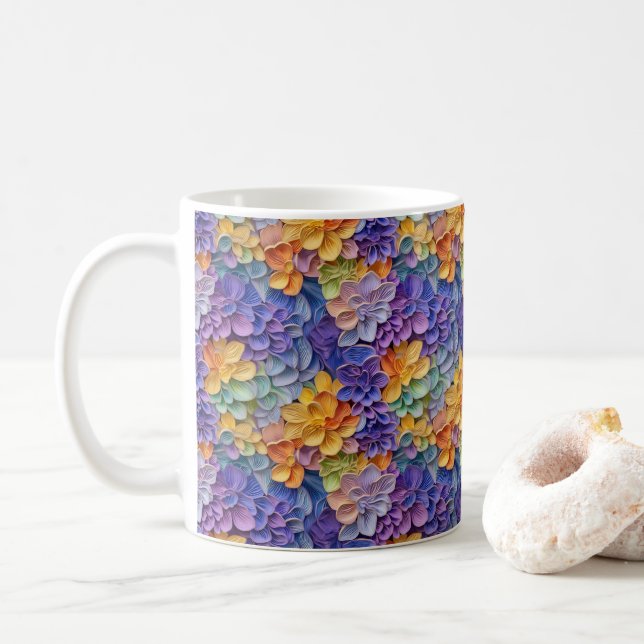 3D Looking Printed Colourful Flowers Coffee Mug (With Donut)