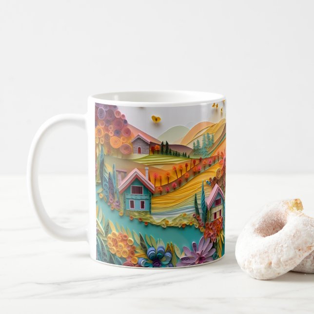 3D Looking Printed Mountain Cottages Coffee Mug (With Donut)