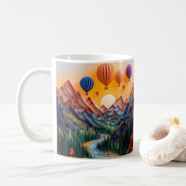 3D Looking Printed Mountain Hot Air Balloons Coffee Mug (With Donut)