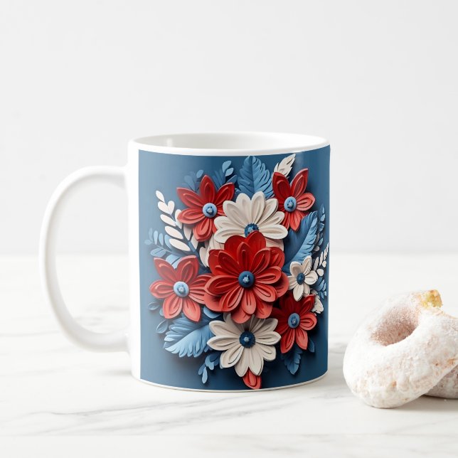3D Looking Printed Patriotic Flowers Coffee Mug (With Donut)