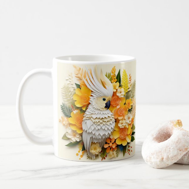 3D Looking Printed White Cockatoo Coffee Mug (With Donut)